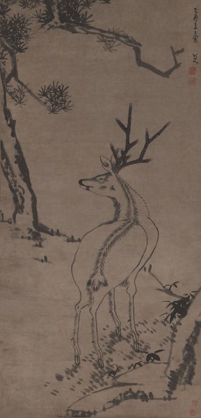 清 朱耷 八大山人 松鹿图182X88[走兽] 
