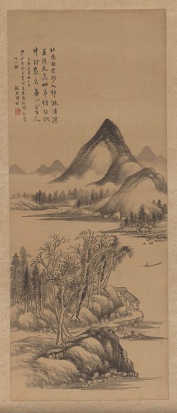 清 黄均 山水图轴 83x34[山水] 