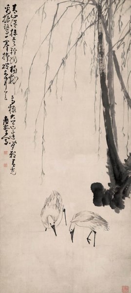清 黄慎 柳塘双鹭图 62.5x139[人物] 