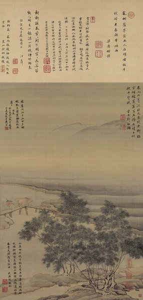 清 萧晨 杨柳暮归图-代绢 44×92[山水] 