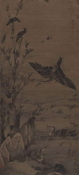 清 胡湄 柳塘集禽 100x221[花鸟] 