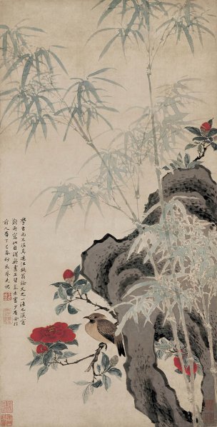 清 王武 花竹栖禽图 绢本79.8x40.5[花鸟]