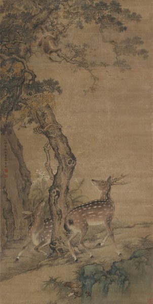 清 沈铨 柏鹿图 81x161[走兽]