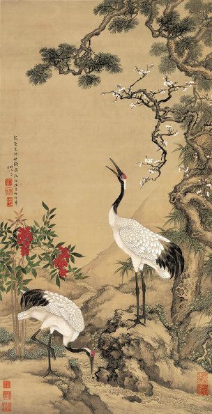 清 沈铨 松梅双鹤图 绢本98.3x191[花鸟]