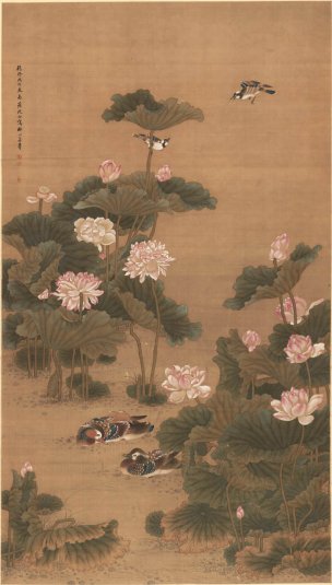 清 沈铨 荷塘鸳鸯图 绢本 132.8x233.9[花鸟]
