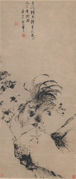 清 李世倬 雄鸡菊石图(指画)103-43cm[花鸟]