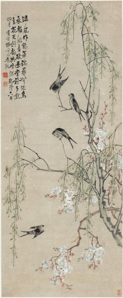 清 李禅 李鱓 桃花柳燕图 纸本51.9x125[花鸟] 