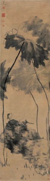 清 朱耷 （八大山人） 荷花双禽图-加重 61x220[花 