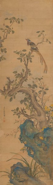 清 文定 绣球春鸟图 绢本 53-184cm[花鸟] 