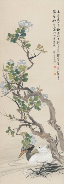 清 朱称 紫薇双鸭图 48-139cm[花鸟] 