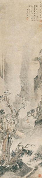 清 张深 策杖看山图 132x32cm[山水] 