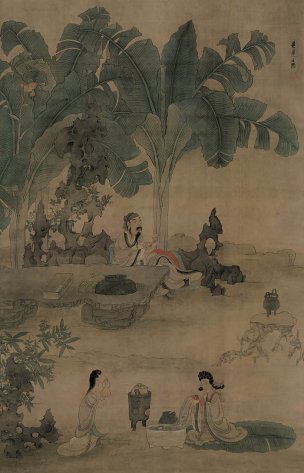 明 陈洪绶 蕉林酌酒图-绢本 97x151[人物]