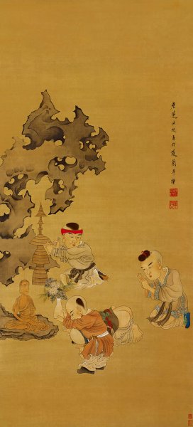 明 陈洪绶 戏婴图 绢本68X160 [人物]