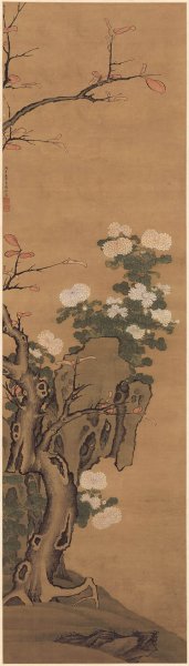明 陆逵 设色菊花立轴 绢本48-168cm [花鸟]