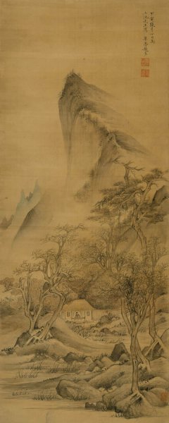 明 赵左 茅屋闲眺图-绢 39x97.5[山水]