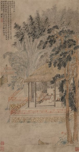 明 钱榖 竹亭对棋图 32.3×62.2 [人物]