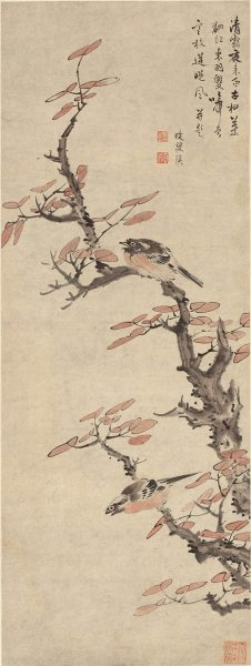 明 蓝瑛 红叶秋禽图35.77-94.7cm [花鸟]