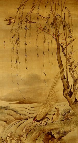 明 王肇 柳禽白鹇图 绢本 104×190（二玄社）[花鸟