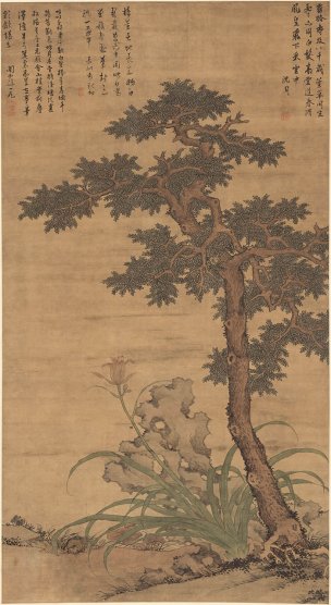 明 沈周 田椿萱图 绢本 93.6x171.4 调 [花鸟]