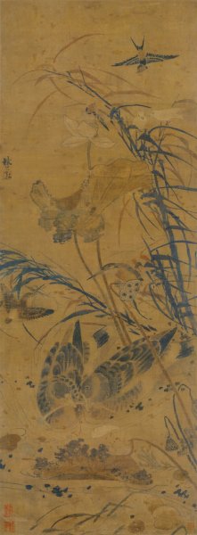 明 林良 荷塘集禽图-绢 56.5×152.7 [花鸟]