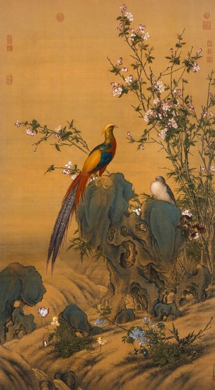 清 郎世宁 锦春图 代绢 100X181[花鸟] 