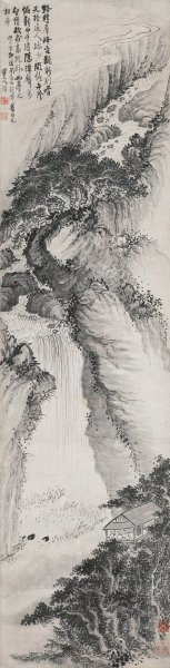 清 梅清 龙潭听瀑图189-48cm[山水] 