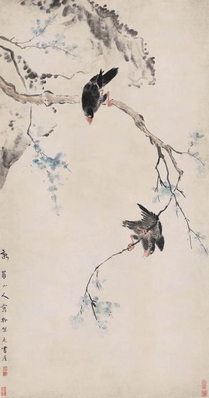 清 华喦 华岩 设色鸲鹆双栖图 71x135[花鸟] 