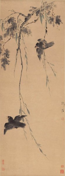 清 华喦 华岩 柳禽图 纸本 52.7x142.1[花鸟] 