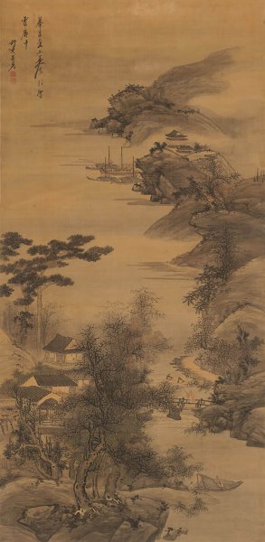 清 吴岩 江楼访友 78.6x160.6[山水] 