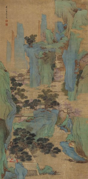 清 吕焕成 春山听阮图 102.5x208[山水] 