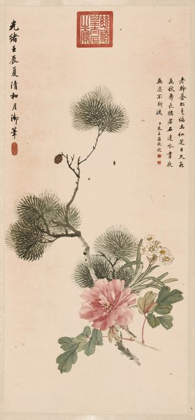 清 光绪 枞树牡丹图[花鸟] 