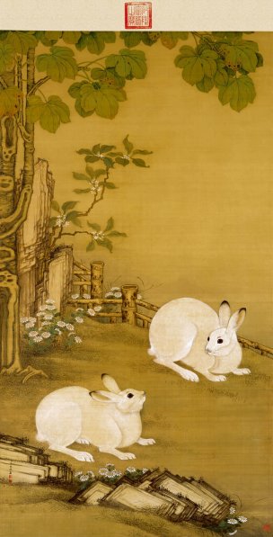 清 冷枚 梧桐双兔图 绢本 176.2×95[走兽] 