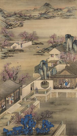 清 佚名 雍正十二月行乐图之三月赏桃 100×176[山 
