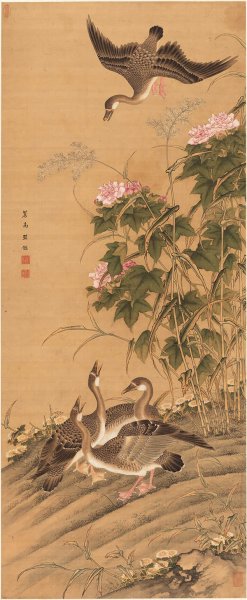 清 丘鉴 芙蓉芦雁图 绢本67.9x164.5[花鸟]