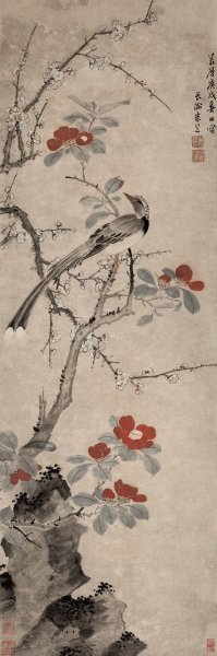 明 朱竺 梅茶山雀图 纸本39.6X119.3[花鸟]