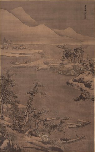 明 朱邦 寒江渔村图 绢本 102.5-163cm [山水]