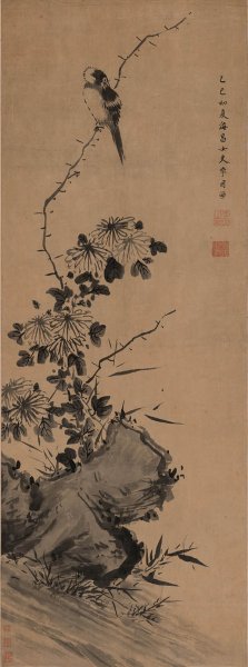 明 李因 菊石鸣禽图129-48cm [花鸟]