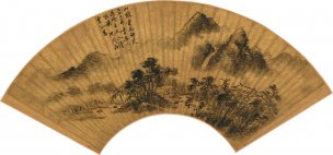 明 孙枝 溪桥林屋图扇面 50.8x23.8[山水]