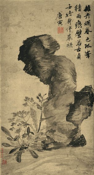 明 唐寅 立石叢卉图 29x54[花鸟]