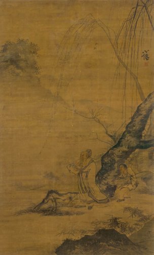 明 吴伟 柳岸闲步图-绢 101x167[人物]