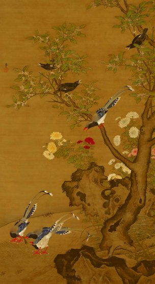 明 吕纪 桂菊山禽图 绢本 55.7X100[花鸟]