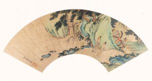 明 仇英 1花巖游騎圖扇面[山水]