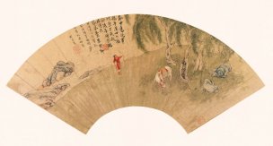 明 仇英 2解馬彎弓圖 扇面[山水]