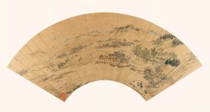 明 仇英 4春郊行旅圖 扇面[山水]