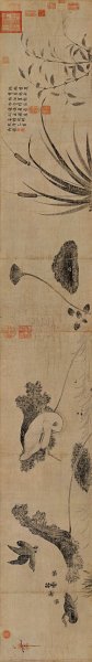 宋 赵佶 宋徽宗 池塘晚秋图 画芯 纸本 33x235[花鸟