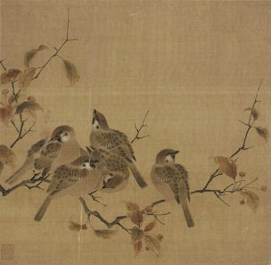 宋 佚名 瓦雀栖枝图页28.6x29[花鸟]