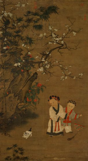 宋 佚名 冬日戏婴图 代绢 107x196 [花鸟]