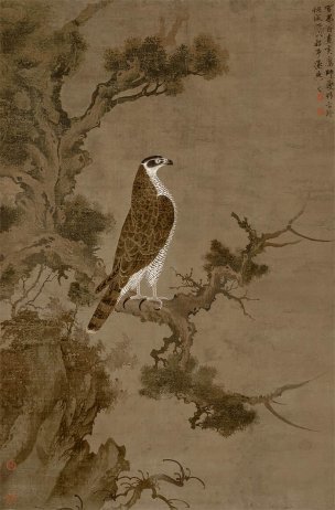 元 张舜咨 雪界翁柏鹰图 绢本147x96（玄）[花鸟 