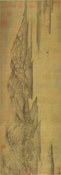 五代 董源 潇湘图卷 画心 绢本 调色50X141[山水]