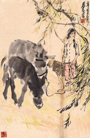近现代 黄胄 人物毛驴图轴 45x68[人物] 